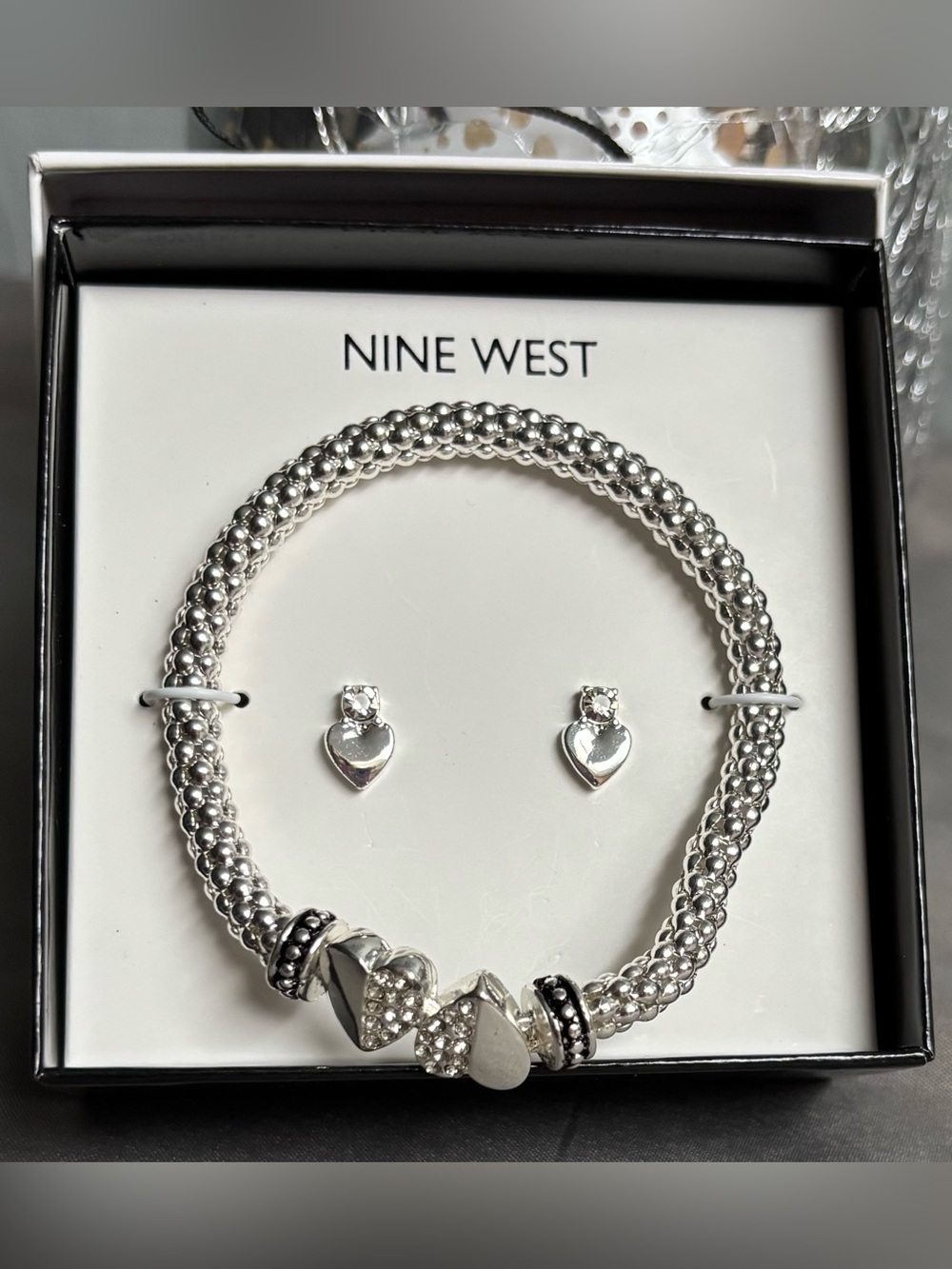 Nine West Silvertone Heart  Bracelet and Heart Stud Earrings Set